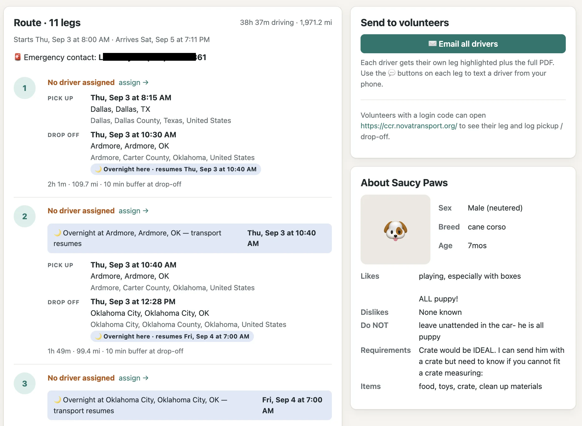 Itinerary view listing legs with pickup and drop-off times, a Send to volunteers panel and an About the dog card