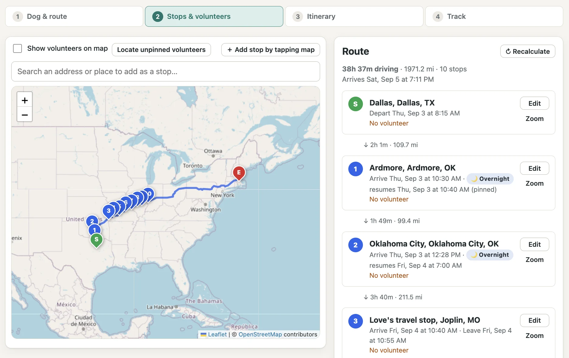 The stops and volunteers planner: a map of the eastern United States with a route from Dallas to Boston and a list of stops with arrival times on the right