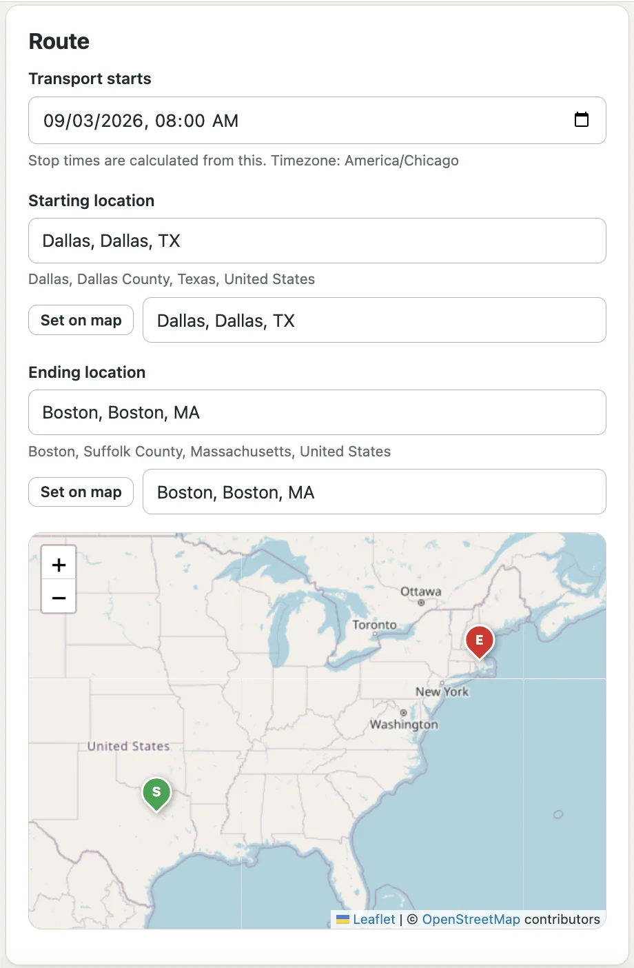 Route form with transport start time, starting location Dallas TX, ending location Boston MA and a map showing the start and end markers