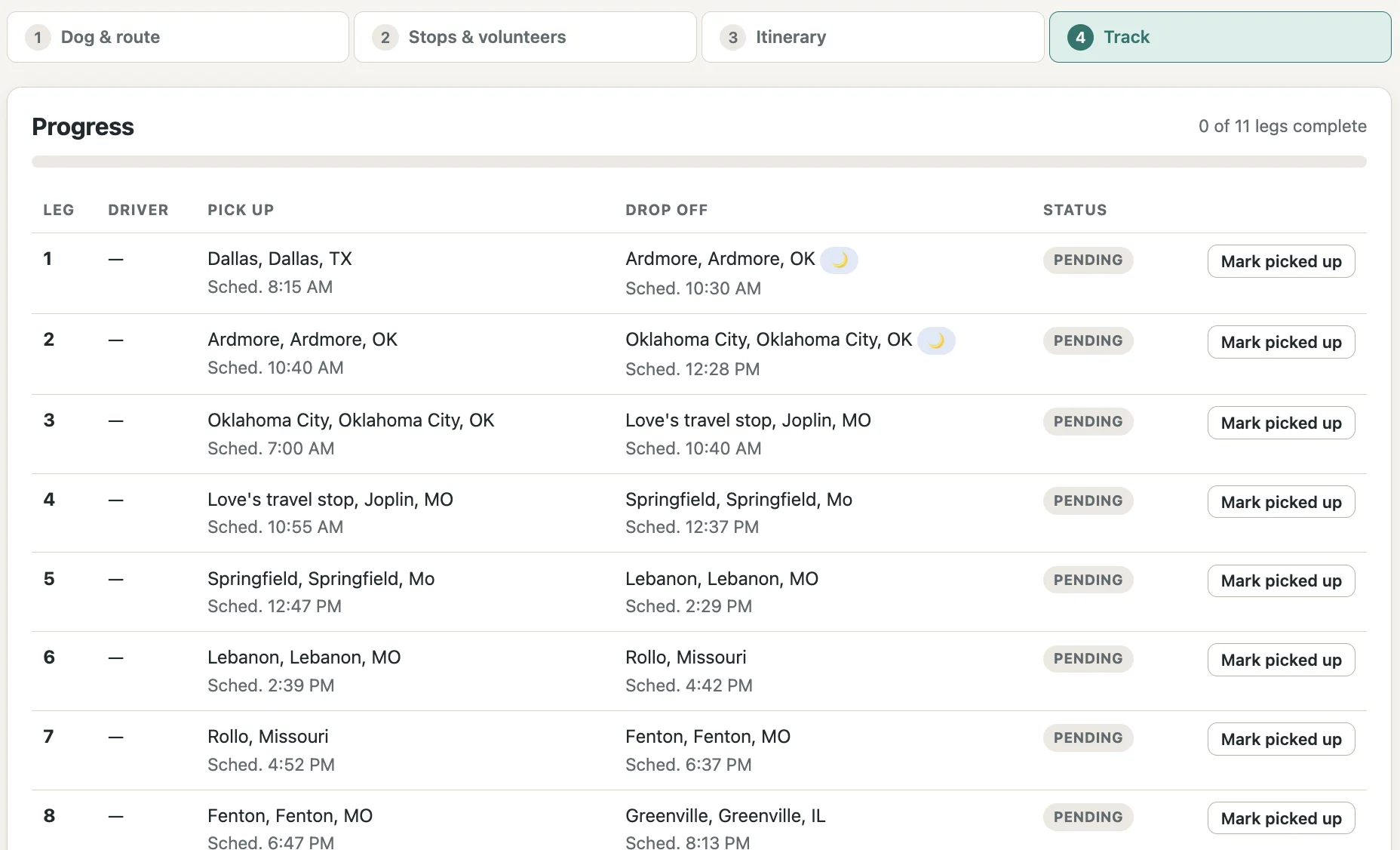 Tracking table with eleven legs, each showing driver, pickup, drop-off, scheduled times, a pending status and a Mark picked up button