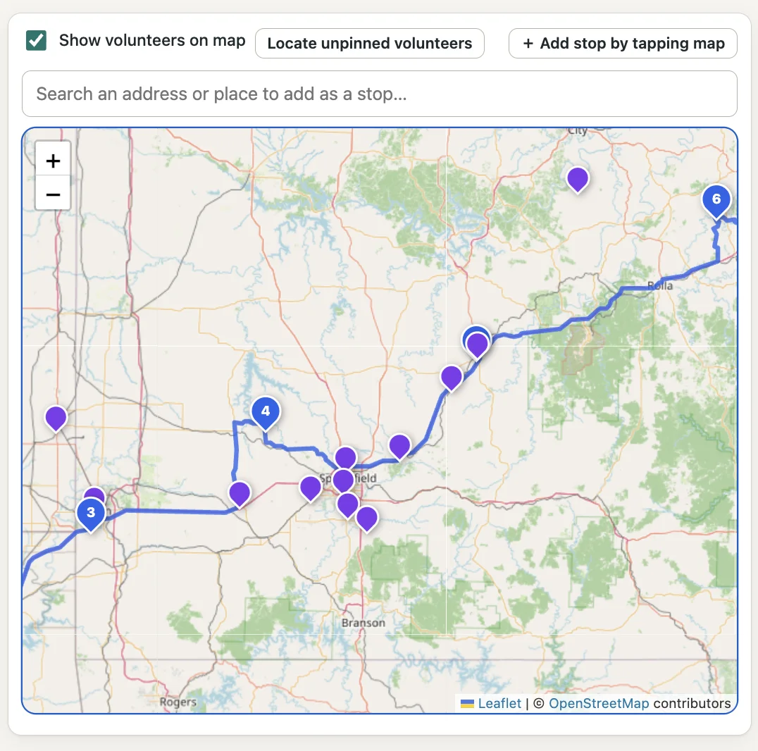 Zoomed-in map around Springfield, Missouri showing volunteer pins close to stops 3, 4 and 6 on the route