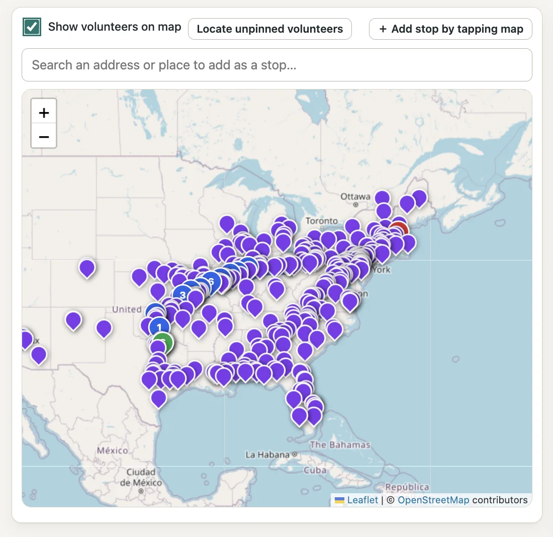 Map of the eastern United States covered in purple volunteer pins with the planned route running through them